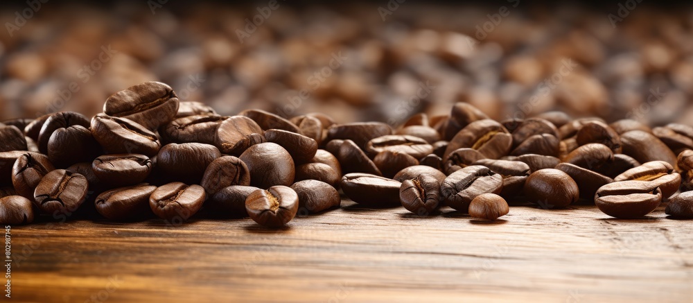 Aufkleber A close up copy space image showing raw coffee beans on a wooden table top ready to be transformed into a delicious beverage