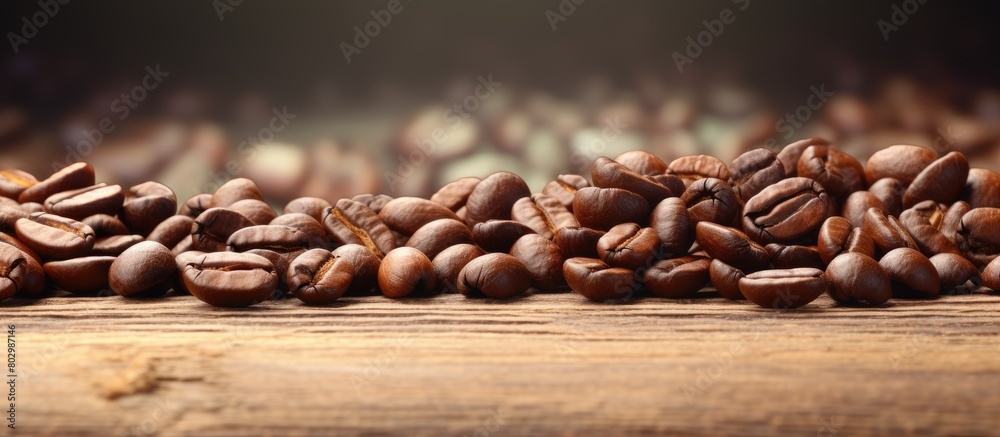 Aufkleber a close up copy space image showing raw coffee beans on a wooden table top ready to be transformed i
