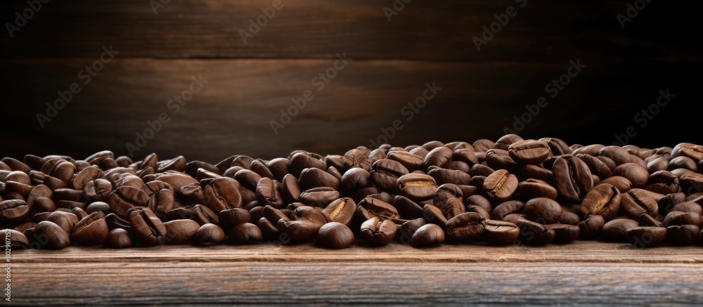 Aufkleber a close up copy space image showing raw coffee beans on a wooden table top ready to be transformed i