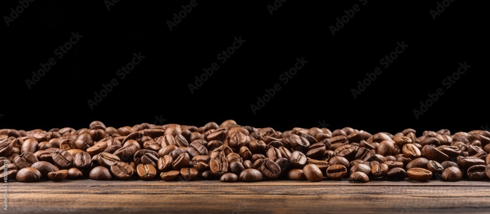Aufkleber a close up copy space image showing raw coffee beans on a wooden table top ready to be transformed i