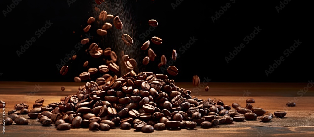 Aufkleber a copy space image of coffee beans spread on a wooden surface after being poured out of a bag