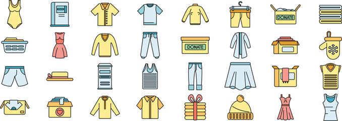 Clothes donation icons set outline vector. Giving container. Donate sweater thin line color flat on white