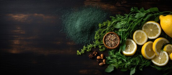 A close up shot of sliced lemon and spices on a wooden board garnished with dill greens against a black chalkboard background with copy space Shot in a dark key - Powered by Adobe