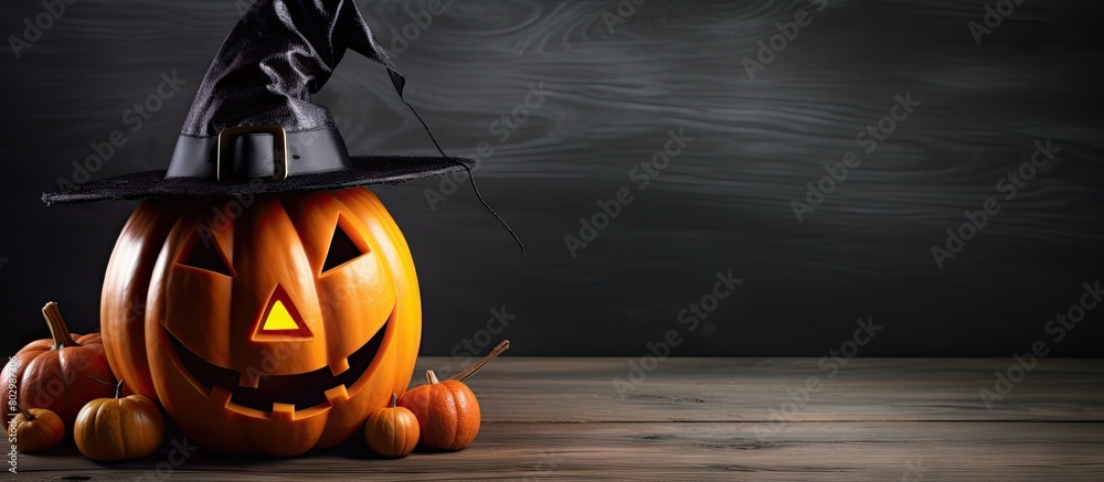 Aufkleber A card is placed next to a Halloween pumpkin on a black wooden background providing space for written messages or announcements. with copy space image. Place for adding text or design