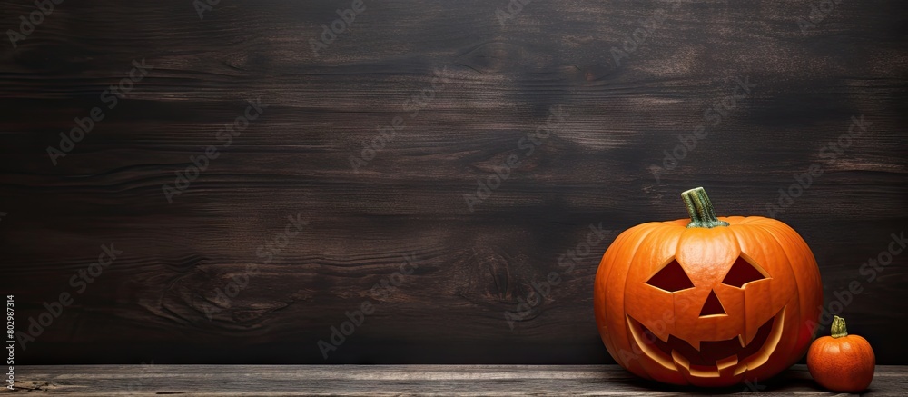 Aufkleber a card is placed next to a halloween pumpkin on a black wooden background providing space for writte