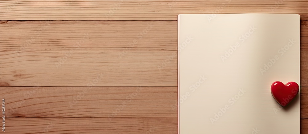 Poster A copy space image showing a heart themed blank notebook from a top perspective