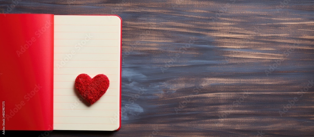 Poster A copy space image showing a heart themed blank notebook from a top perspective
