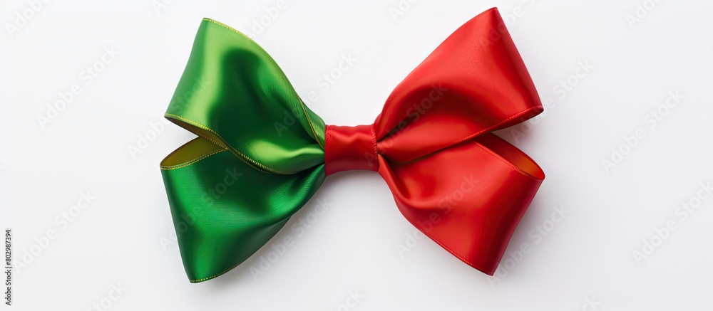 Poster a colorful gift bow in red and green set against a clean white background providing ample copy space