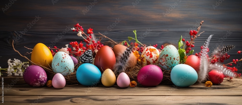 Poster a festive easter arrangement with colorful painted eggs feathers and a wooden backdrop provides a pe
