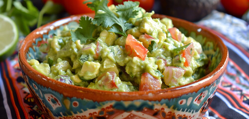 : A vibrant bowl of creamy guacamole, studded with chunks of ripe avocado, diced tomatoes, and a squeeze of tangy lime juice.