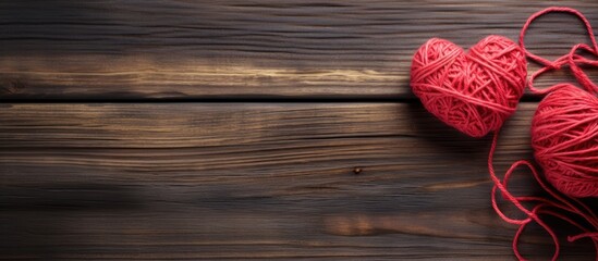 A copy space image of a Valentine s Day concept showcases a heartwarming love message intricately formed from woolen rope set against a rustic wooden backdrop