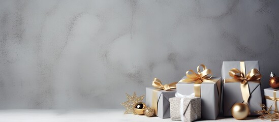 A copy space image featuring a white paper tag on craft gift boxes and Christmas decorations can be seen on a grey concrete background This creates a mockup for a Christmas greeting card - Powered by Adobe