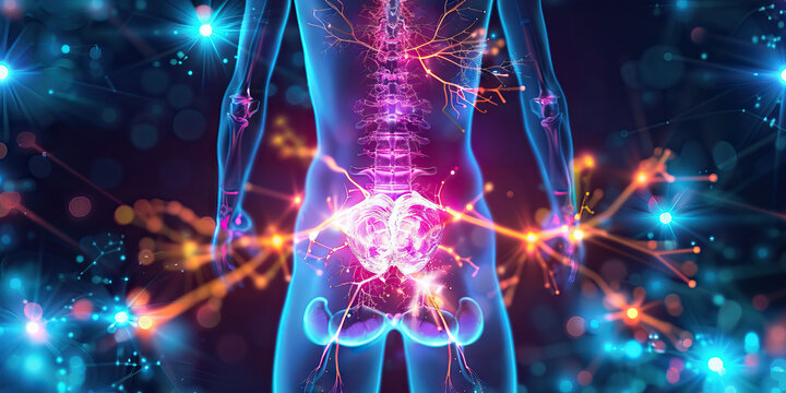 Neurogenic Bladder: The Urinary Incontinence and Bladder Dysfunction - Visualize a person with a highlighted spinal cord affecting bladder control, experiencing urinary incontinence and bladder dysfun