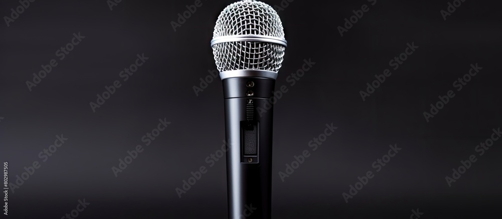 Poster A close up copy space image of a black isolated microphone on a white background