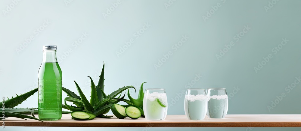 Poster a copy space image of a table showcasing peeled aloe vera with vibrant green leaves and bottles