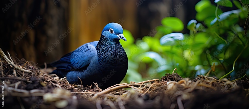 Poster a black and blue pigeon is perched on the garden roots against an animal background providing ample 