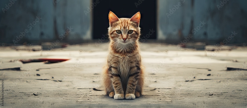 Poster a cat is seen sitting on a cement floor in a copy space image