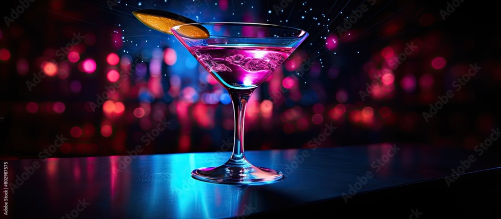 Poster a cocktail sits on a black background at a vibrant night club bar creating a visually appealing copy