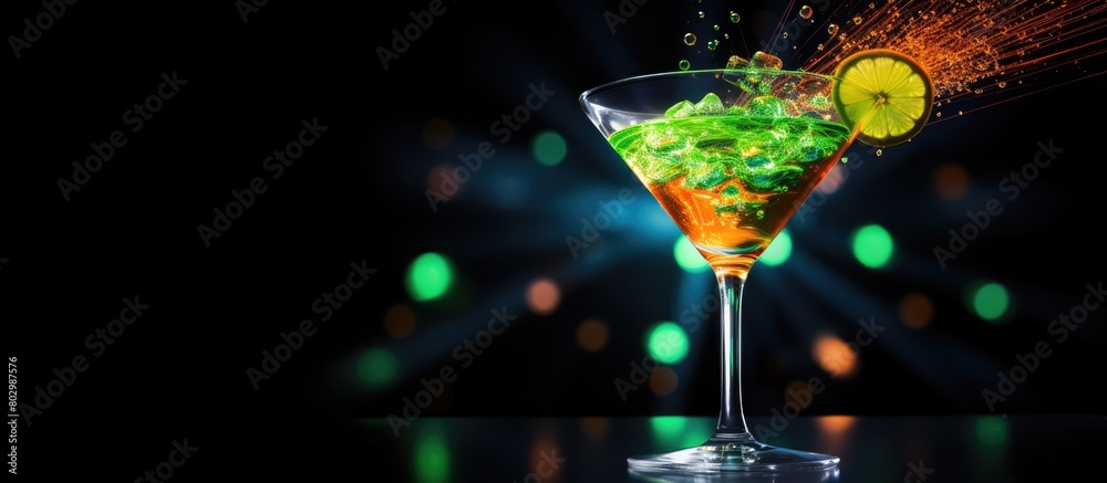 Poster a cocktail sits on a black background at a vibrant night club bar creating a visually appealing copy