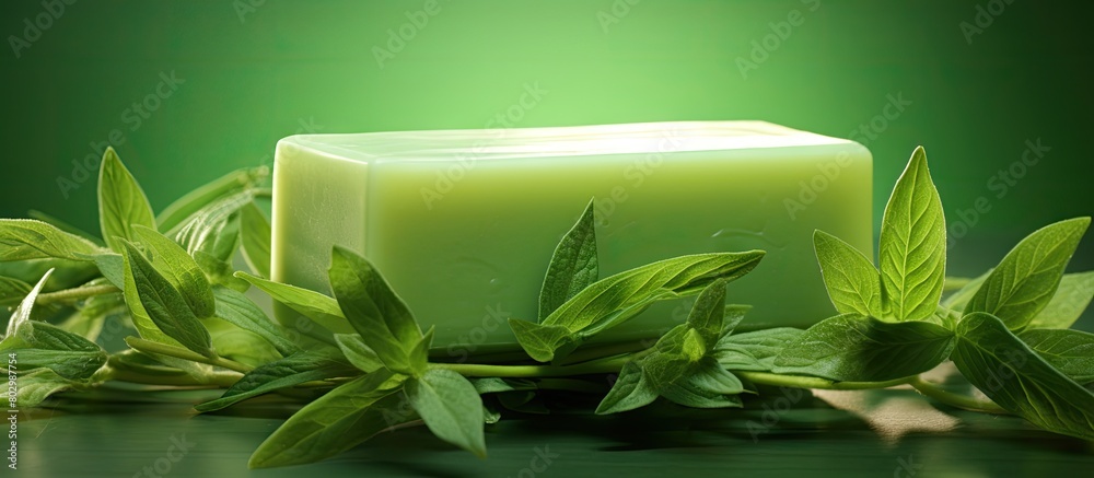 Poster a block of organic soap adorned with fresh herbal leaves provides a visually appealing copy space im