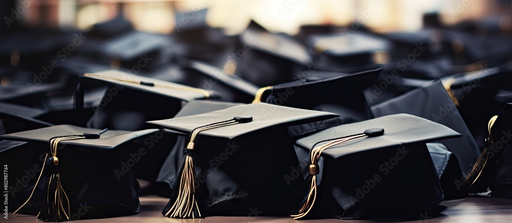 Wall mural a close up image of graduation hats held up by successful graduates during a university commencement