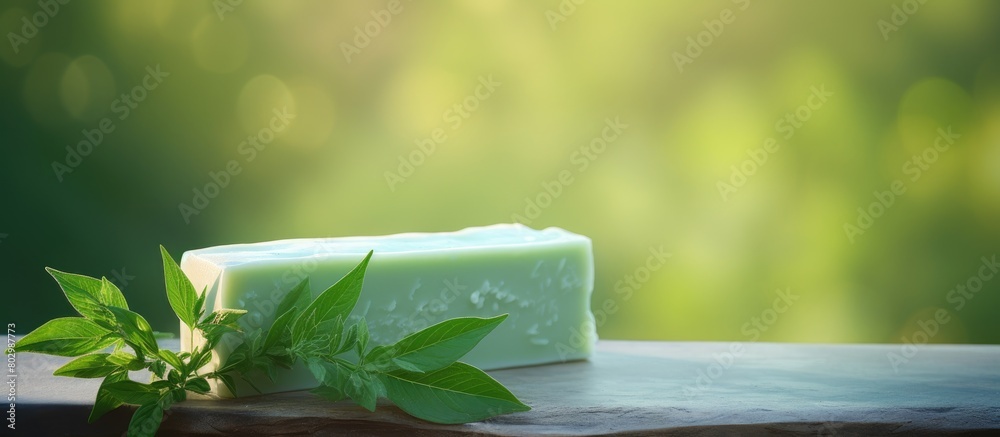 Poster a block of organic soap adorned with fresh herbal leaves provides a visually appealing copy space im