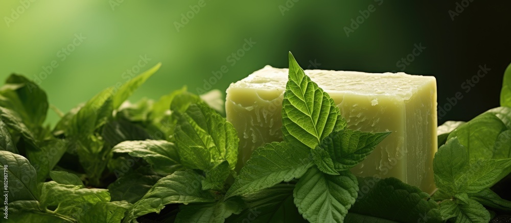 Poster a block of organic soap adorned with fresh herbal leaves provides a visually appealing copy space im