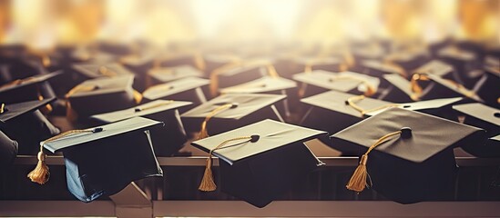 A close up image of graduation hats held up by successful graduates during a university commencement ceremony The photo represents the concept of education and congratulations Copy space is available - Powered by Adobe