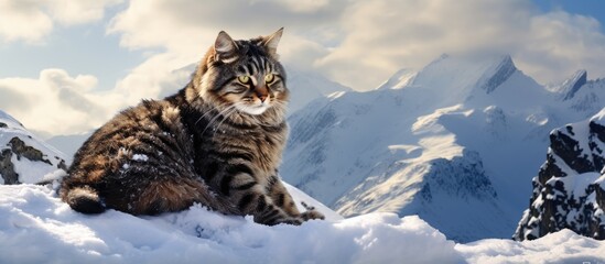 A cat sits in the snow covered mountains during the winter copy space image