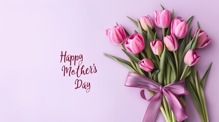 a bunch of tulips tied with a ribbon bow, light purple color background with the text "Happy Mother's Day