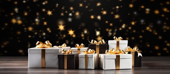 A copy space image featuring white and golden gift boxes placed on a black wooden table