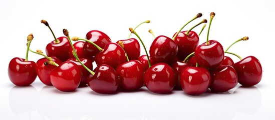 A decorative fruit background formed by framing ripe juicy cherries Isolated on a white background...