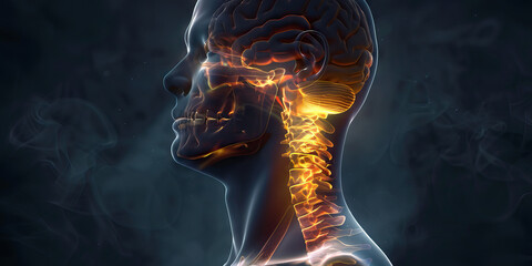 Central Pontine Myelinolysis: The Muscle Weakness and Paralysis - Picture a person with a highlighted area in the brainstem showing demyelination, experiencing muscle weakness and paralysis