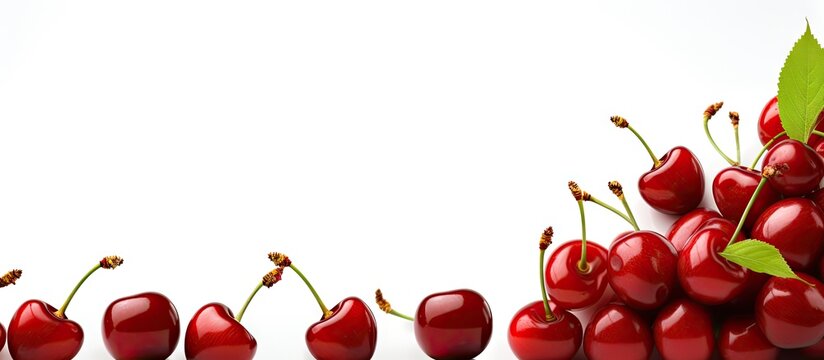 A decorative fruit background formed by framing ripe juicy cherries Isolated on a white background it provides ample copy space