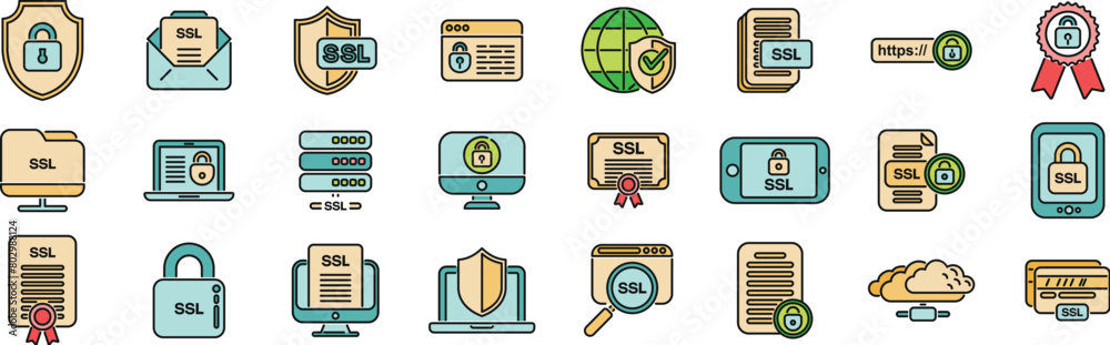 Poster ssl certificate icons set outline vector. ssl security. scan virus thin line color flat on white