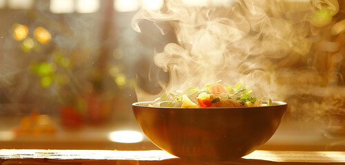 : Steam rising delicately from a pot of simmering broth, infused with fragrant herbs and spices, promising warmth and comfort on a chilly day.