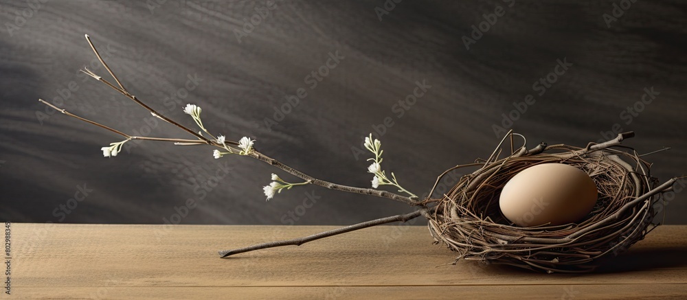 Poster a copy space image of a willow branch and an egg placed on a wooden background