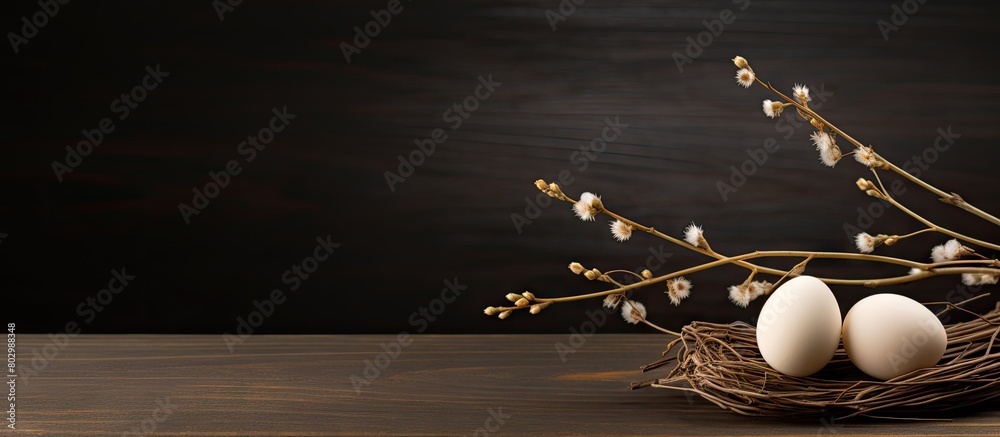 Aufkleber a copy space image of a willow branch and an egg placed on a wooden background