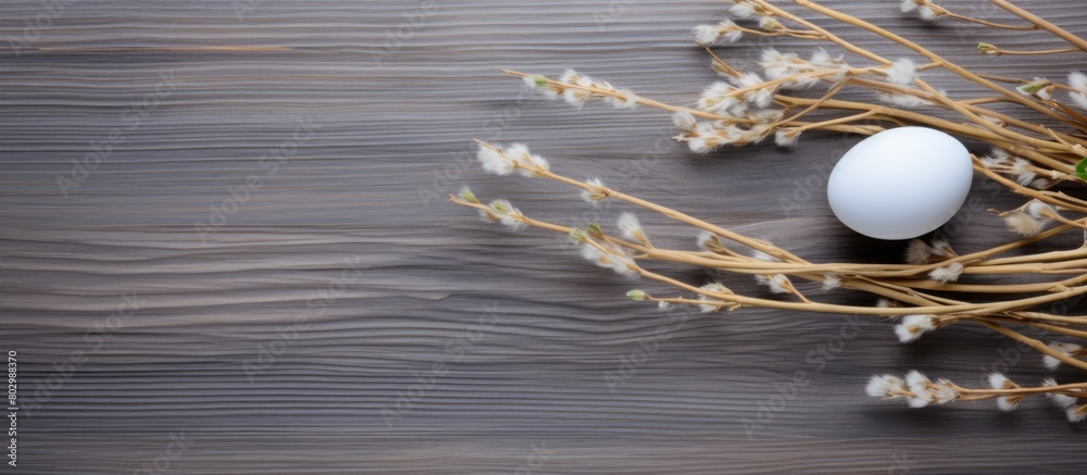 Poster a copy space image of a willow branch and an egg placed on a wooden background