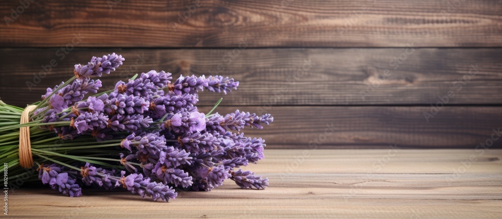 Aufkleber a copy space image of a lavender bouquet resting on a warm and rustic wooden background