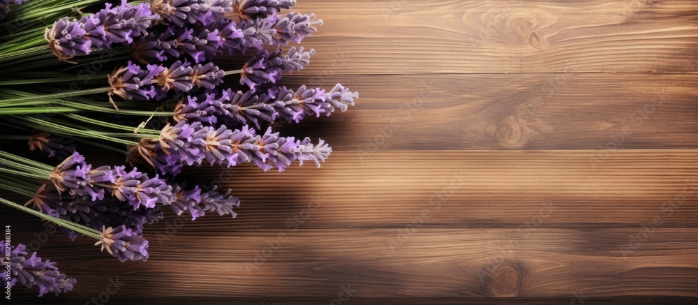 Aufkleber a copy space image of a lavender bouquet resting on a warm and rustic wooden background