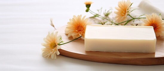 A copy space image of herbal flower soap placed on a white wooden table