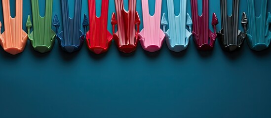 A colorful assortment of bow shaped chopstick holders in shades of blue red green and pink placed against a background suitable for text insertion. with copy space image - Powered by Adobe