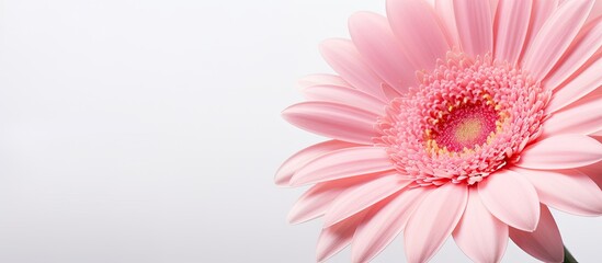 A closeup of a pink gerbera flower against a white background with ample space around it for text or other elements in an image