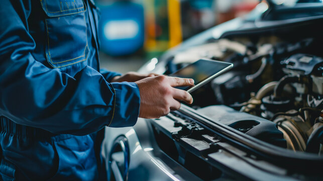 Mechanic Using Digital Tablet for Car Diagnostics. Professional mechanic consulting a digital tablet while performing diagnostics on a car engine in an automotive workshop.