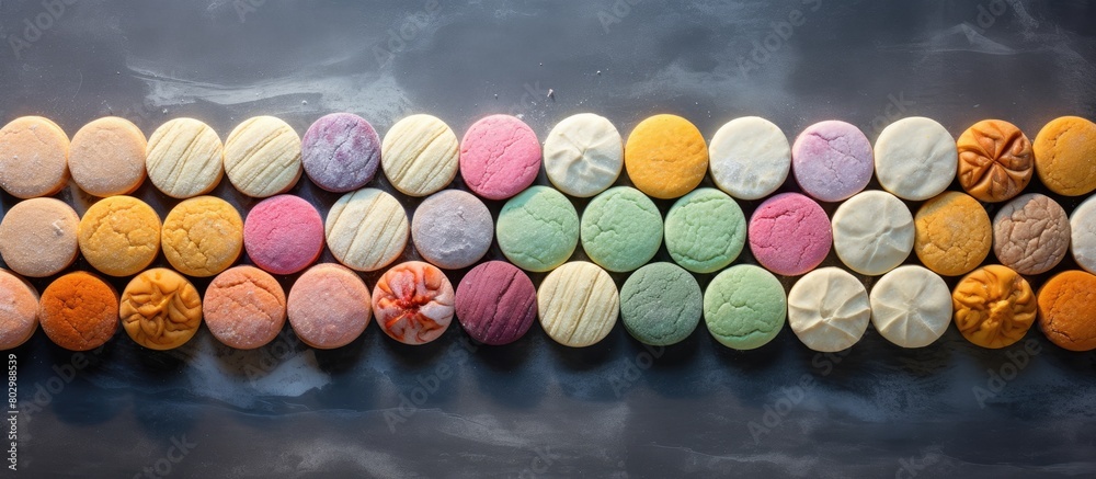 Leinwandbilder a colorful assortment of almond cookies from france or italy arranged on a concrete table with a cop