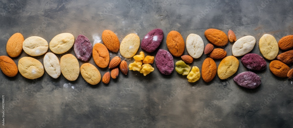 Leinwandbilder a colorful assortment of almond cookies from france or italy arranged on a concrete table with a cop