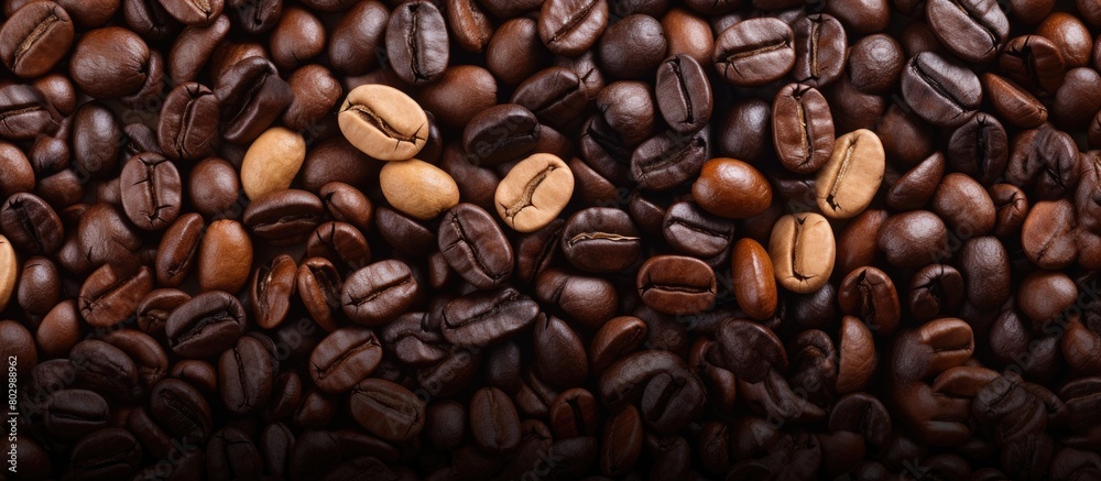 Aufkleber a close up view of a background with roasted coffee beans showing a mixture of various types of coff