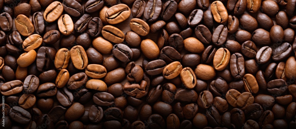 Aufkleber A close up view of a background with roasted coffee beans showing a mixture of various types of coffee beans The image has copy space