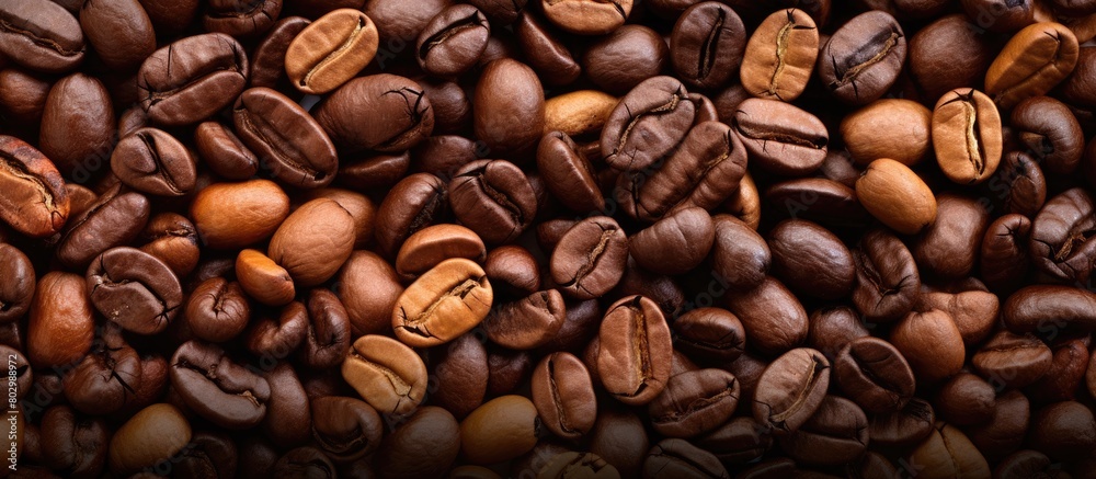 Aufkleber A close up view of a background with roasted coffee beans showing a mixture of various types of coffee beans The image has copy space